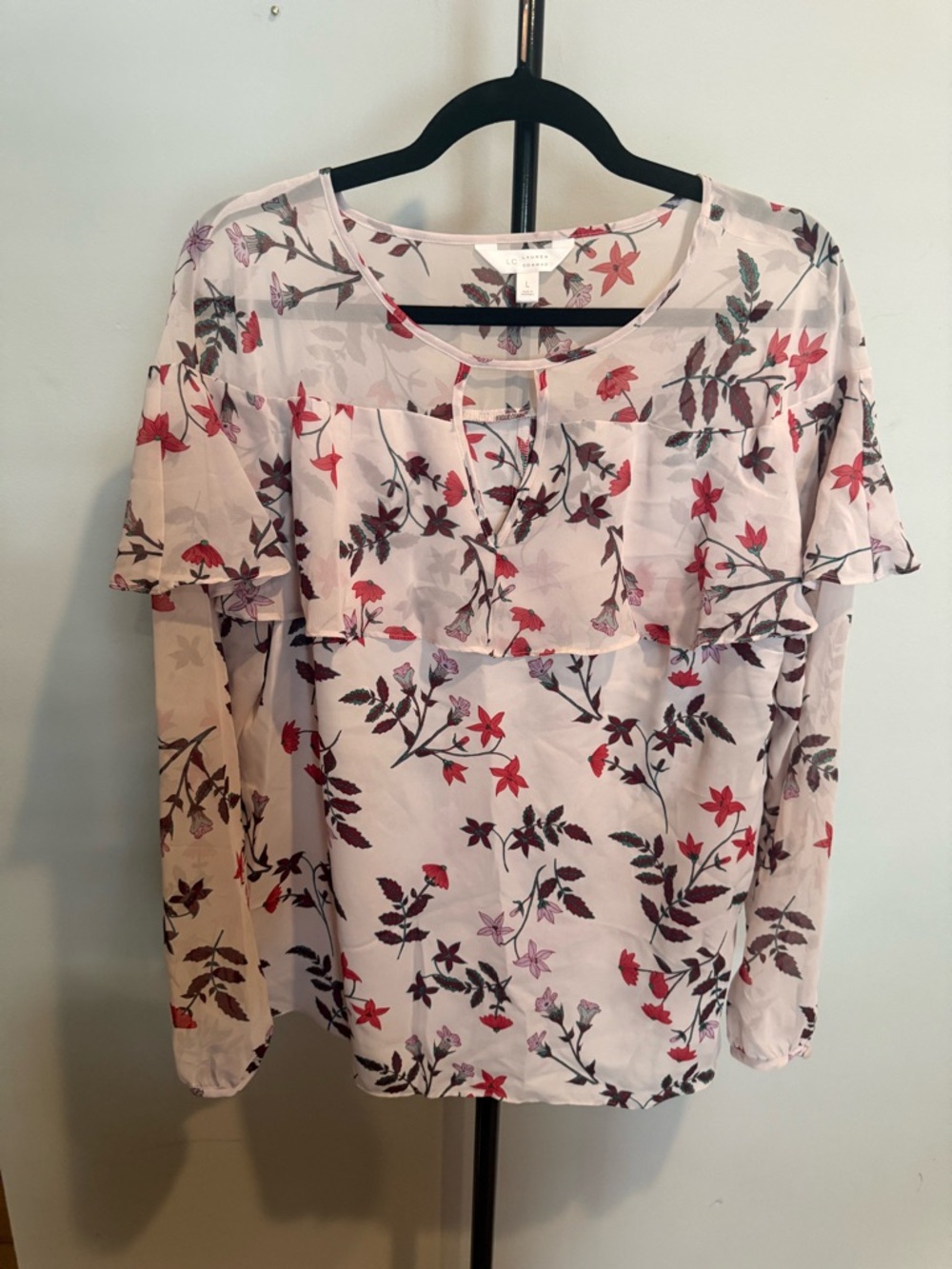 Lauren Conrad Pink Floral Ruffle Yoke Blouse